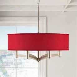 Red Textured Faux Silk Ava 6-Light Nickel Pendant Chandelier